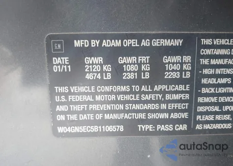 2011 Buick Regal Cxl Russelsheim из США, поврежденный, VIN W04GN5EC5B1106578